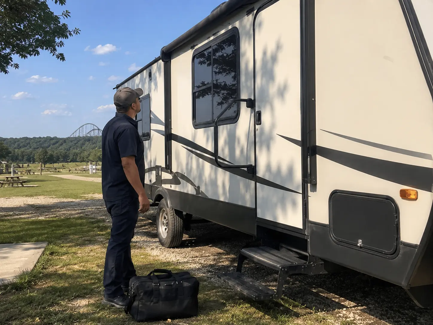 Cincinnati Mobile RV Repair Technician On-Site Mobile RV repair technician servicing travel trailer at campground in Cincinnati OH near Kings Island