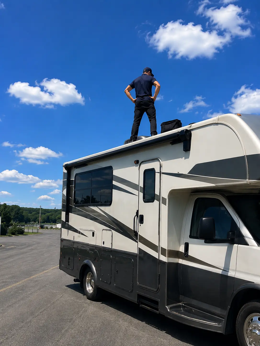 On-Site RV Repair Service Florence Kentucky Mobile RV repair technician sealing roof leak at storage facility in Florence KY near I-75 and Turfway Road