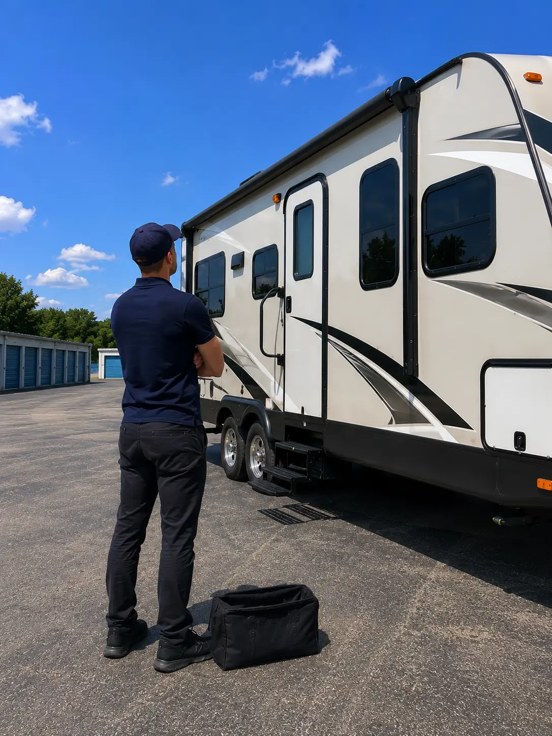 On-Site RV Repair Service Hamilton Ohio Mobile RV repair technician fixing electrical system at storage facility in Hamilton OH near US-127