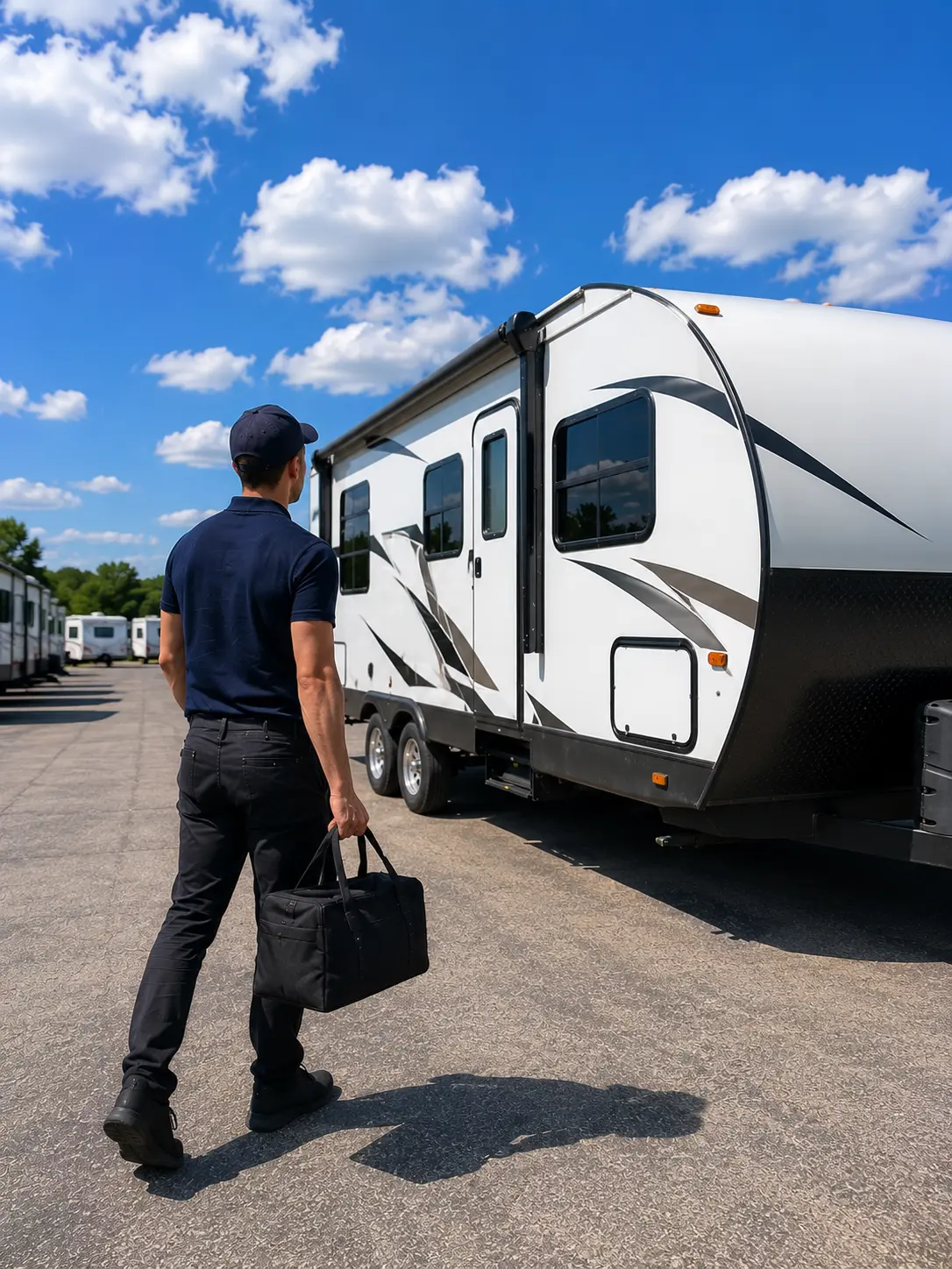 On-Site RV Repair Service Mason Ohio Mobile RV repair technician servicing travel trailer at RV storage facility in Mason OH near I-75 and Kings Island