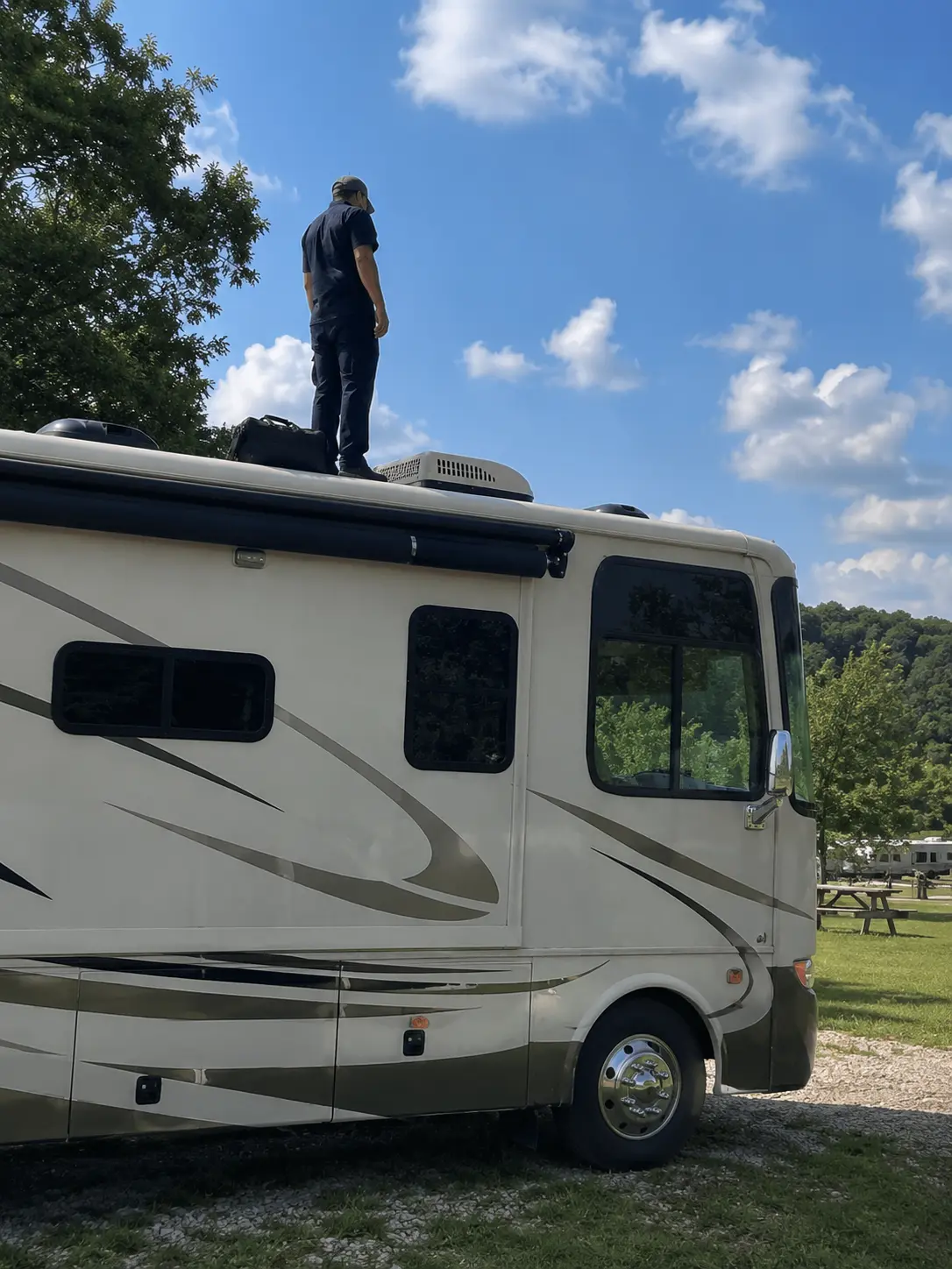 Cincinnati RV AC Repair On-Site RV AC repair technician servicing Dometic rooftop unit at campground in Cincinnati OH near Kings Island
