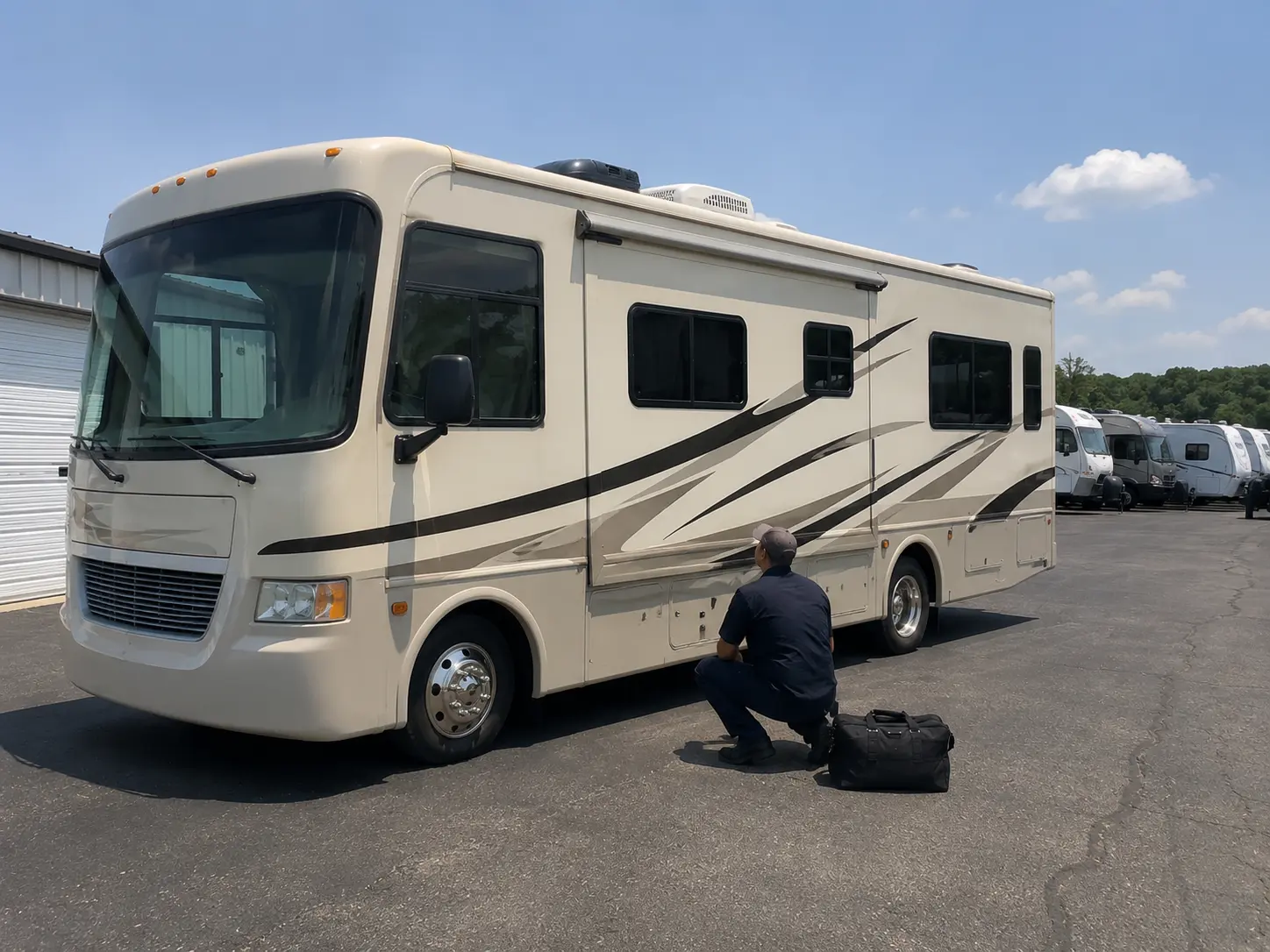 On-Site RV Air Conditioner Repair Service Cincinnati OH Mobile RV technician replacing capacitor on Coleman-Mach AC unit at storage facility in Cincinnati Ohio