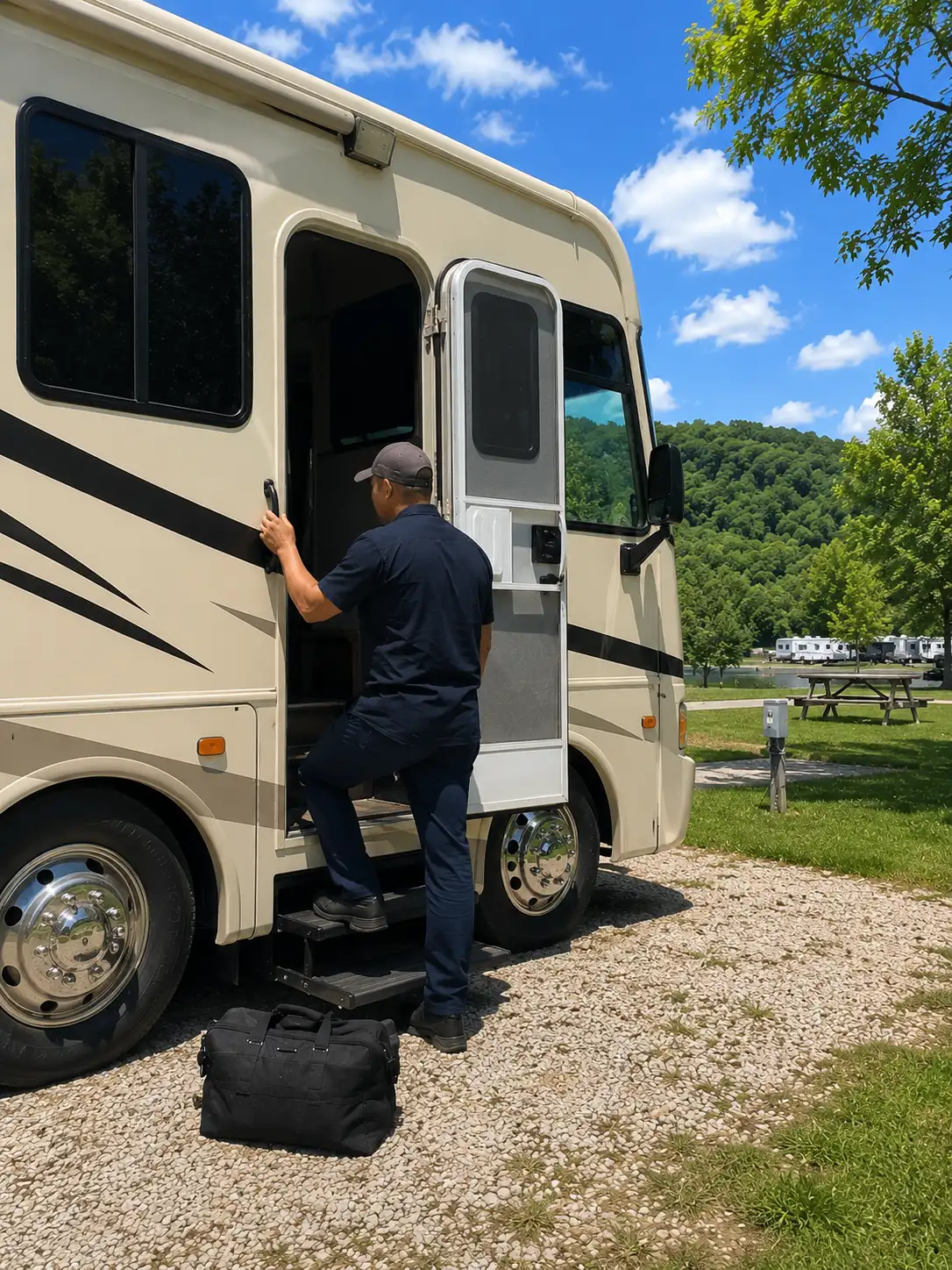 Cincinnati RV Appliance Repair On-Site RV appliance repair technician servicing Dometic refrigerator at campground in Cincinnati OH near Kings Island