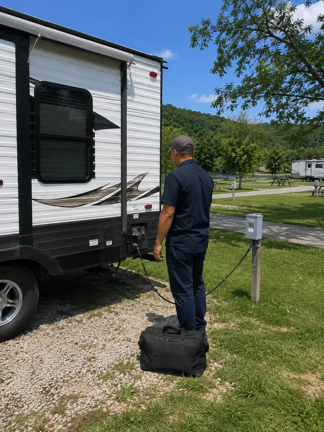Cincinnati RV Electrical Repair On-Site RV electrical repair technician diagnosing wiring fault at campground in Cincinnati OH near I-71
