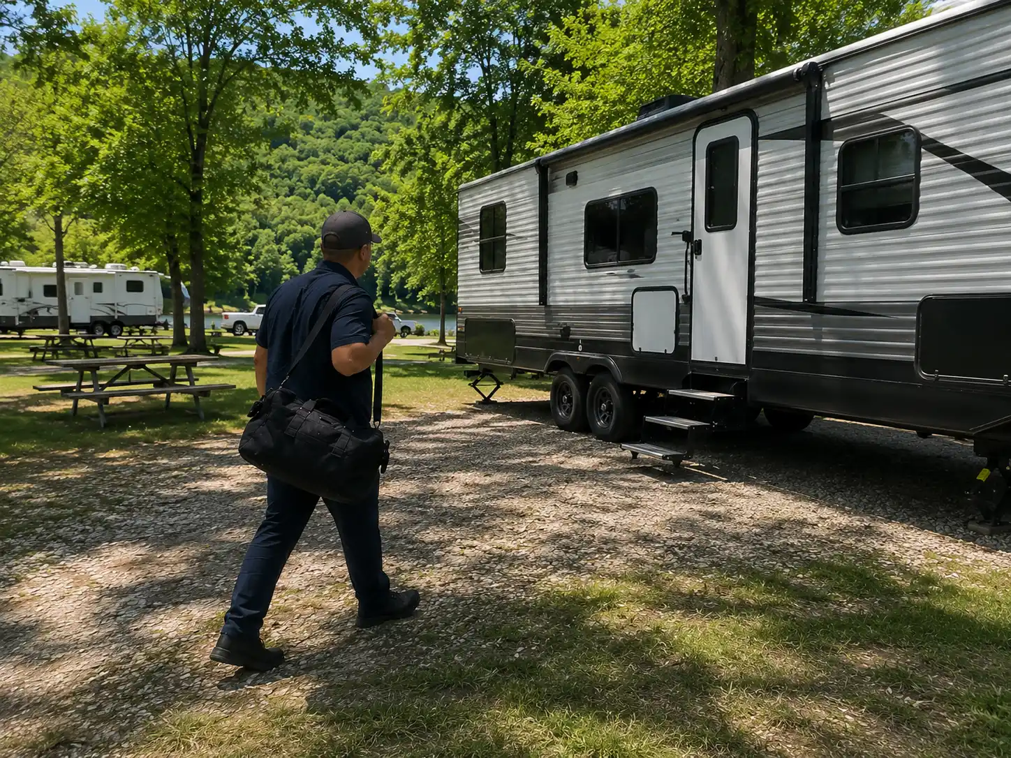 On-Site RV Water Leak Repair Service Cincinnati OH Mobile RV technician repairing water pump and plumbing lines at campground in Cincinnati Ohio near I-275