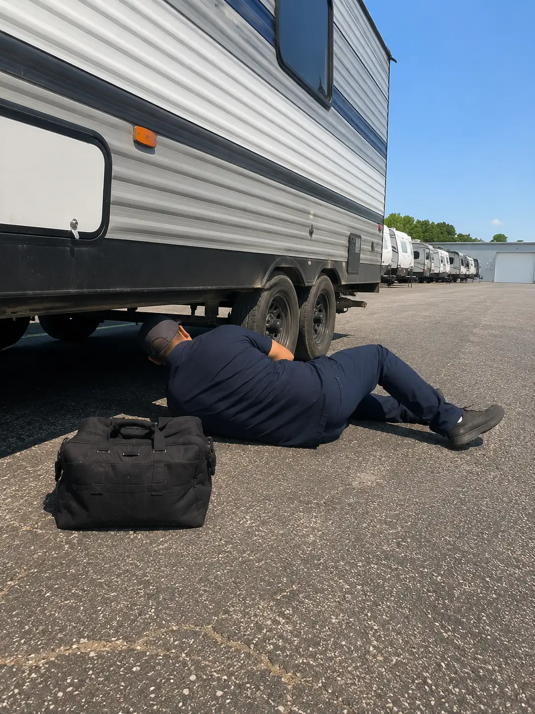 Cincinnati RV Plumbing and Leak Repair On-Site RV plumbing repair technician fixing water leak under travel trailer at storage facility in Cincinnati OH