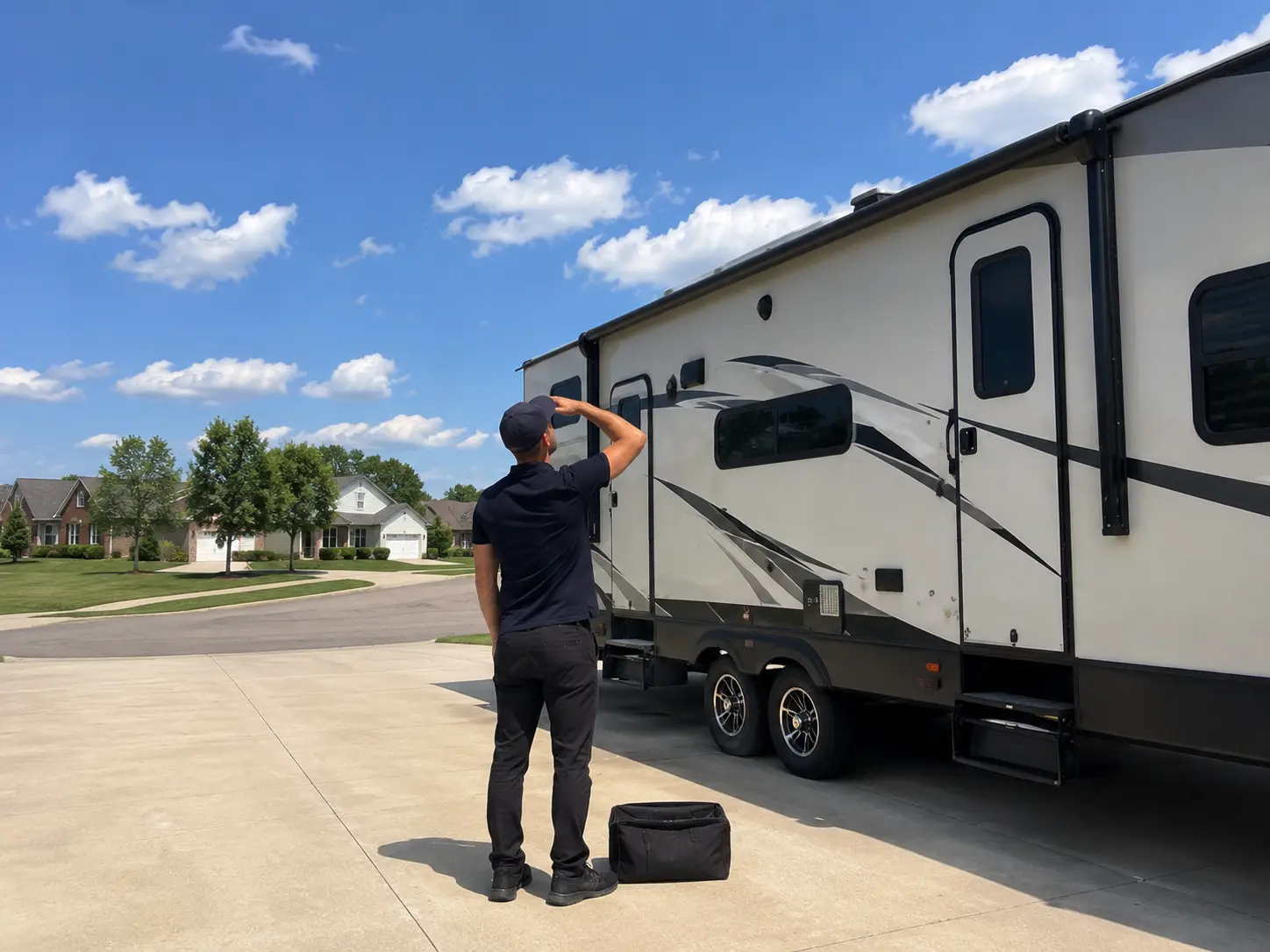On-Site RV Roof Sealant Repair Service Cincinnati Ohio Mobile RV technician sealing roof vent and lap joint on travel trailer at campground in Cincinnati Ohio
