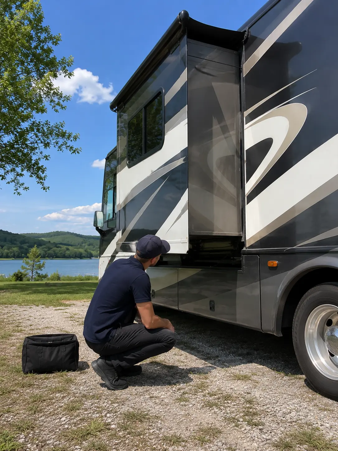 Cincinnati RV Slide-Out Repair On-Site RV slide-out repair technician fixing stuck Lippert slide mechanism at campground in Cincinnati OH