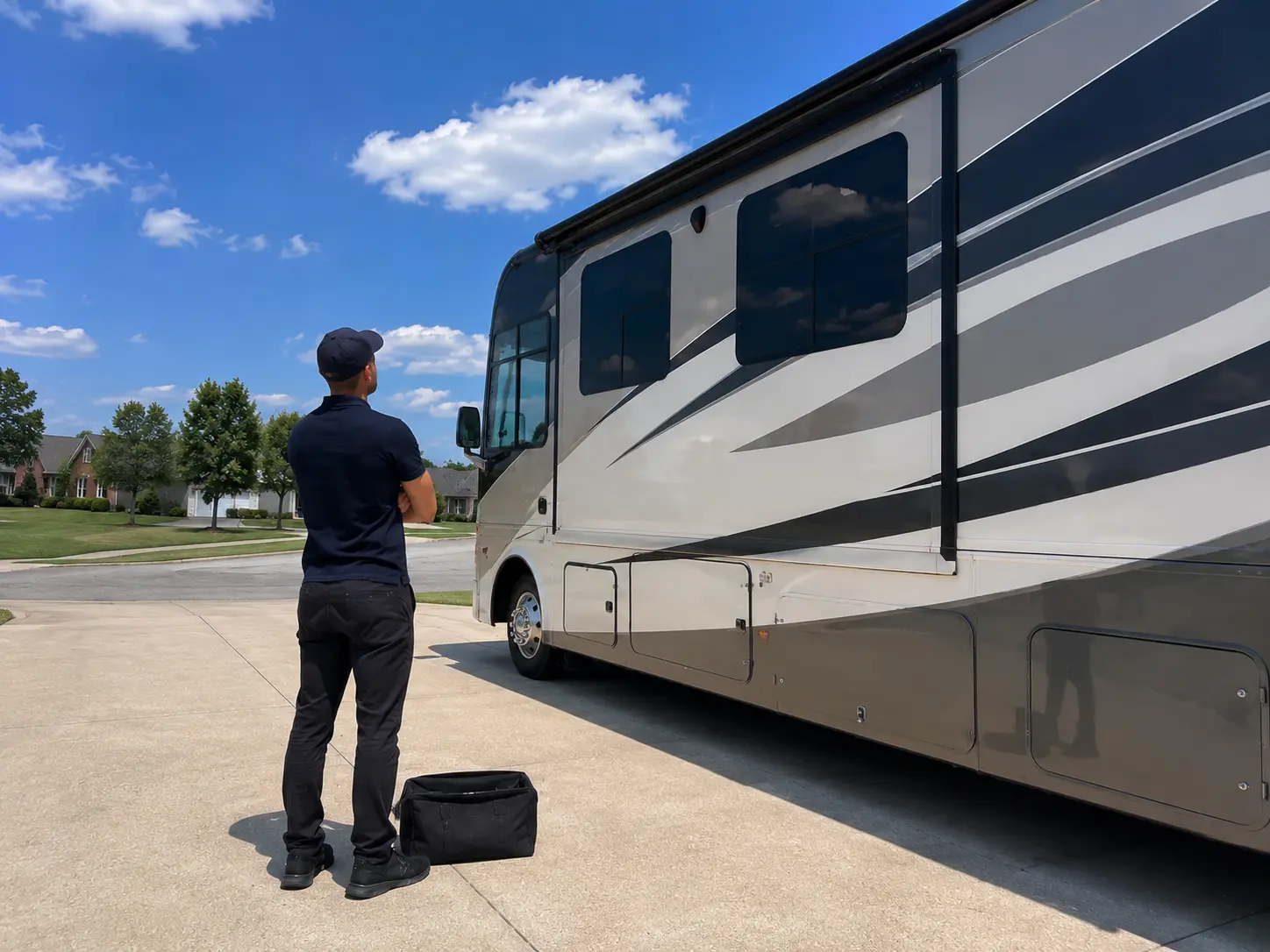 On-Site RV Slide-Out Repair Service Cincinnati OH Mobile RV technician repairing Schwintek slide motor and rack assembly at storage facility in Cincinnati Ohio