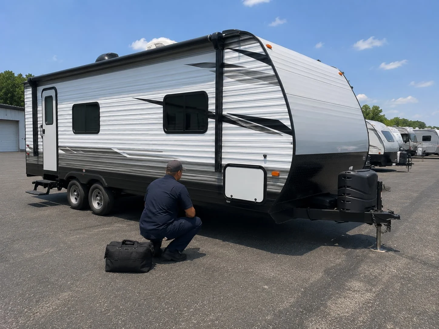 On-Site RV Electrical Repair Service Cincinnati OH Mobile RV electrician troubleshooting battery and inverter system at storage facility in Cincinnati Ohio